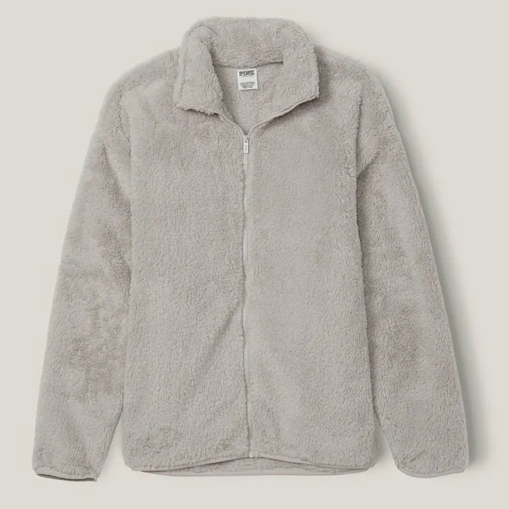 Victoria’s Secret PINK Women’s Teddy Fur Zip-up Jacket, Platinum Gray